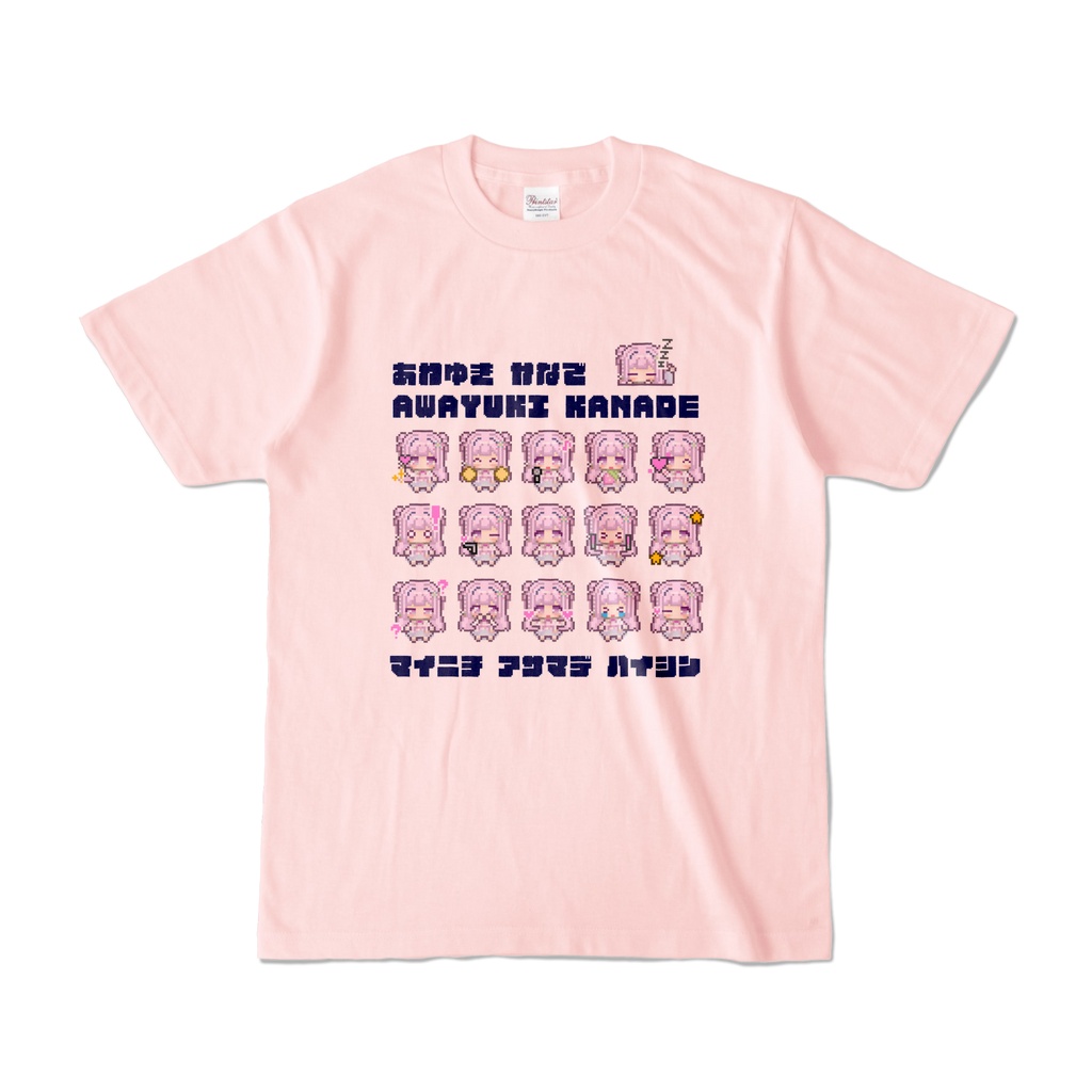 【常時購入可能】(男女兼用サイズ)淡雪花奏ドット絵Tシャツ③ピンク×紺