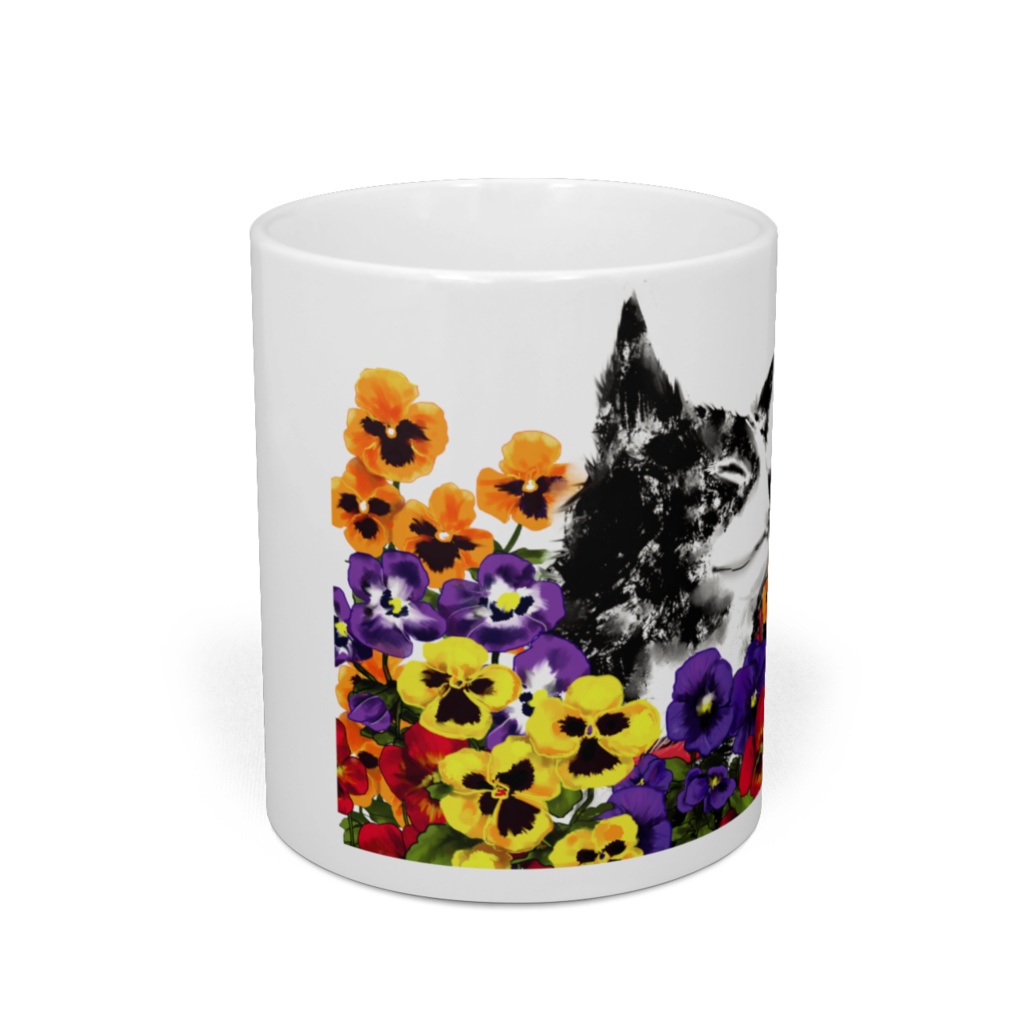 秋田犬と蝶々とパンジー・マグカップ
