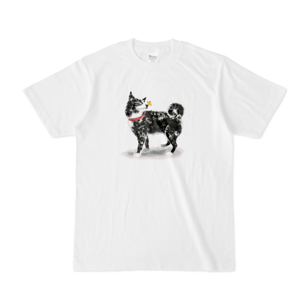 秋田犬と蝶々とパンジーのTシャツ(両面)