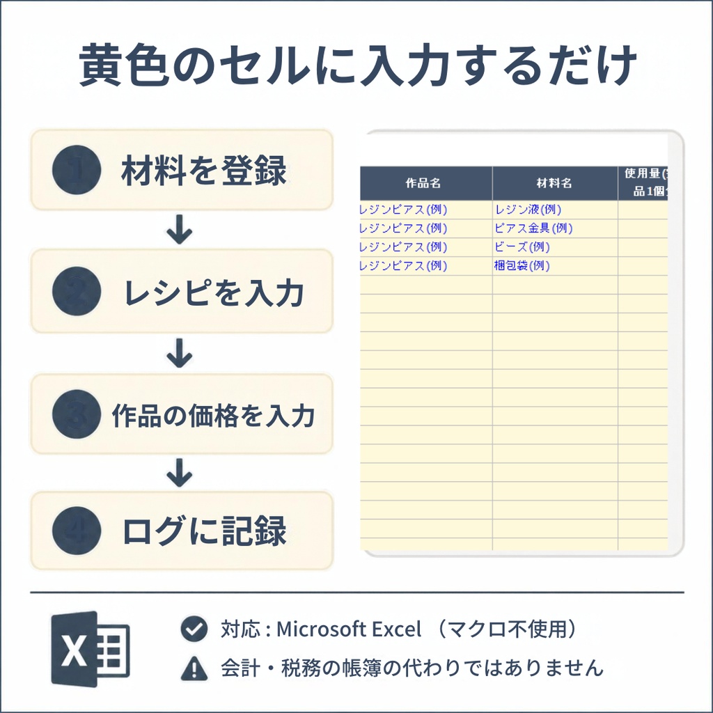 【Excel】ハンドメイド原価計算・在庫管理シート|歩留まり・価格比較対応