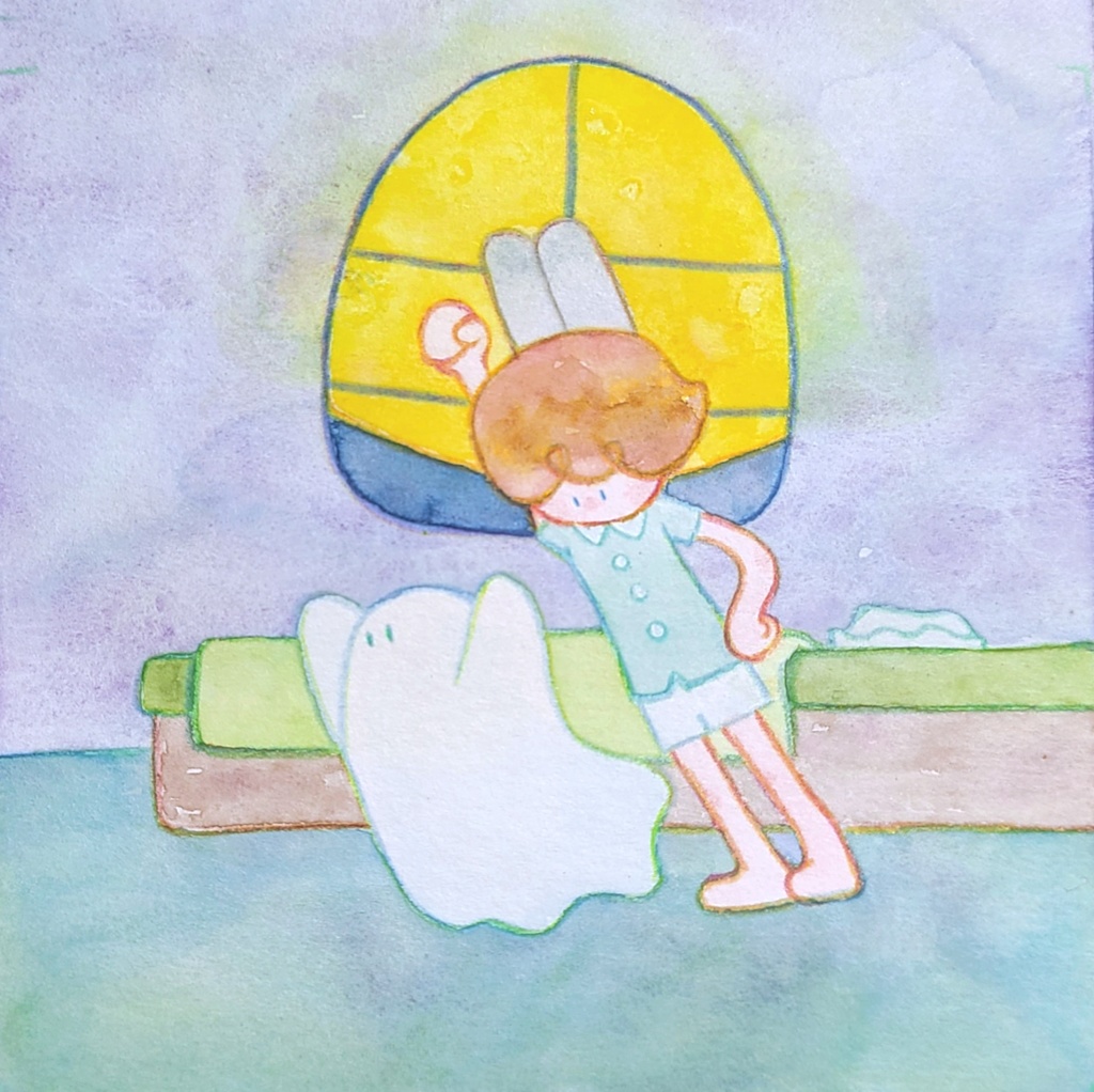 【絵本原画】こわがりウサギといたずらオバケ【額あり】