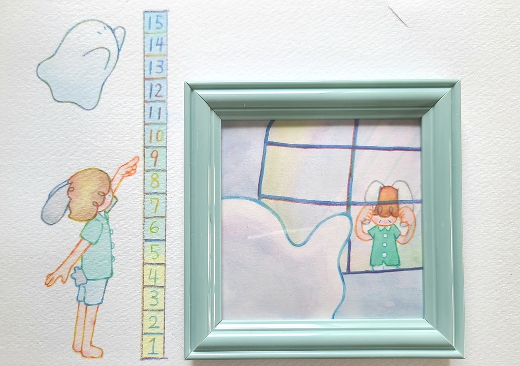 【絵本原画】こわがりウサギといたずらオバケ③【額あり】