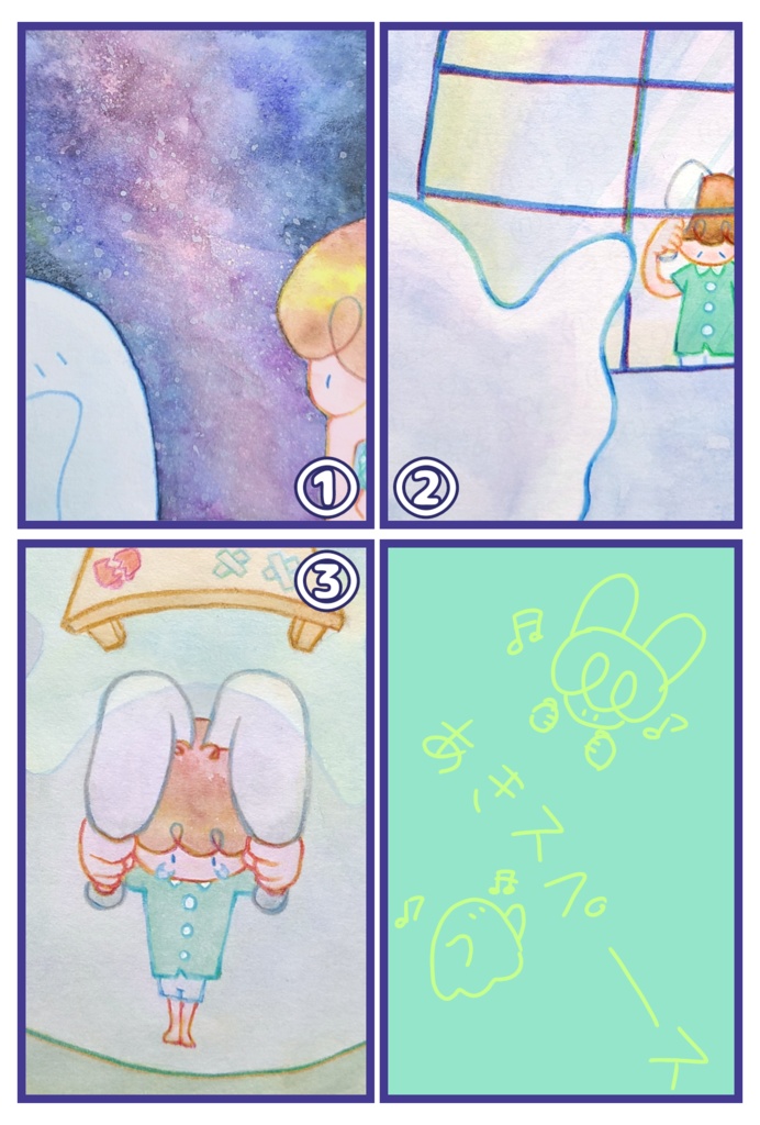 【絵本原画】こわがりウサギといたずらオバケ③【額あり】