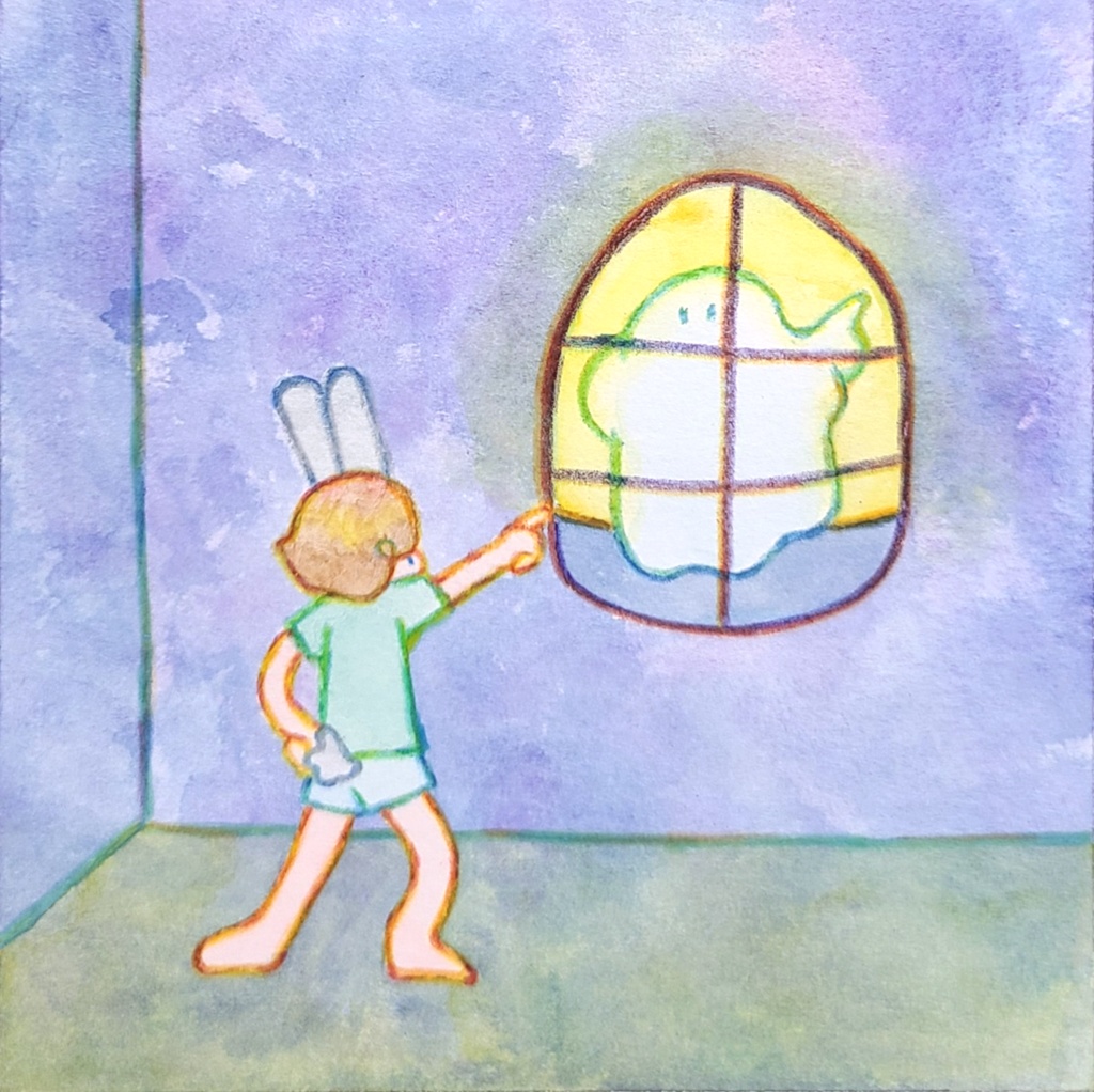 【絵本原画】こわがりウサギといたずらオバケ④【額あり】
