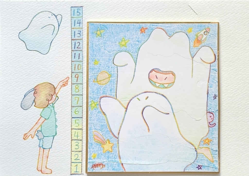 【アナログ原画】ウサギとオバケ【スクエア~色紙まで色々】