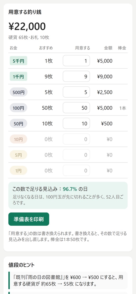 【無料体験版】釣り銭プランナー|即売会のお釣りの枚数を値段から計算+レジ締め