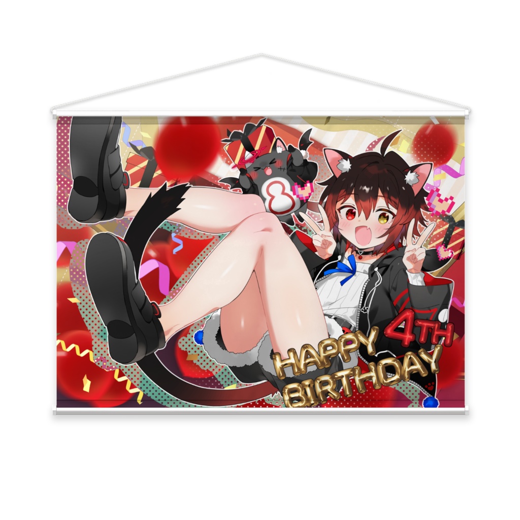 【4周年】七転び八起き黒猫誕生日タペストリー《素材スエード》