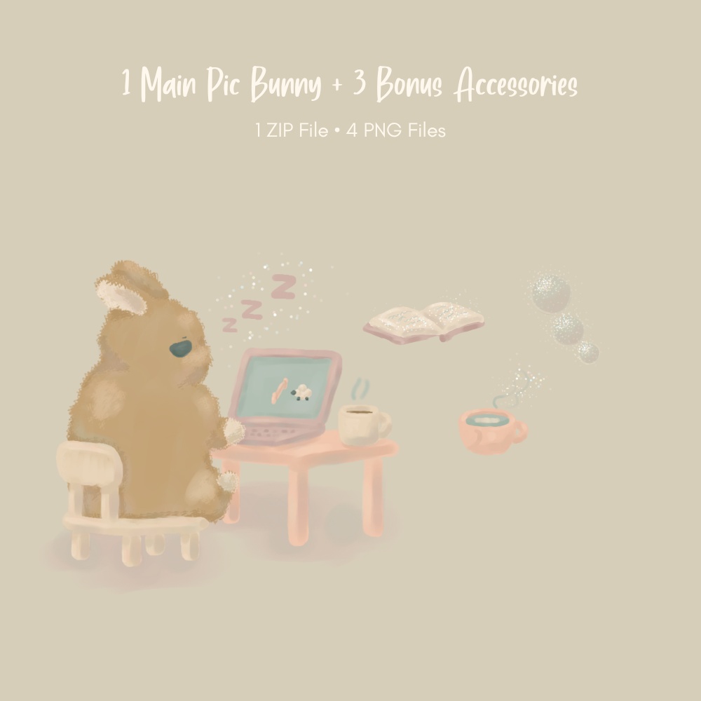 【イラスト素材】うさぎのピクちゃん🐰│Sleepy Day🌜️│眠たいデスク😴
