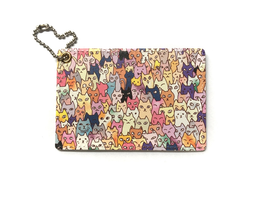 【即発送・送料無料】パスケース にゃんこ大集合(ハトメにボールチェーンタイプ・キャメル)