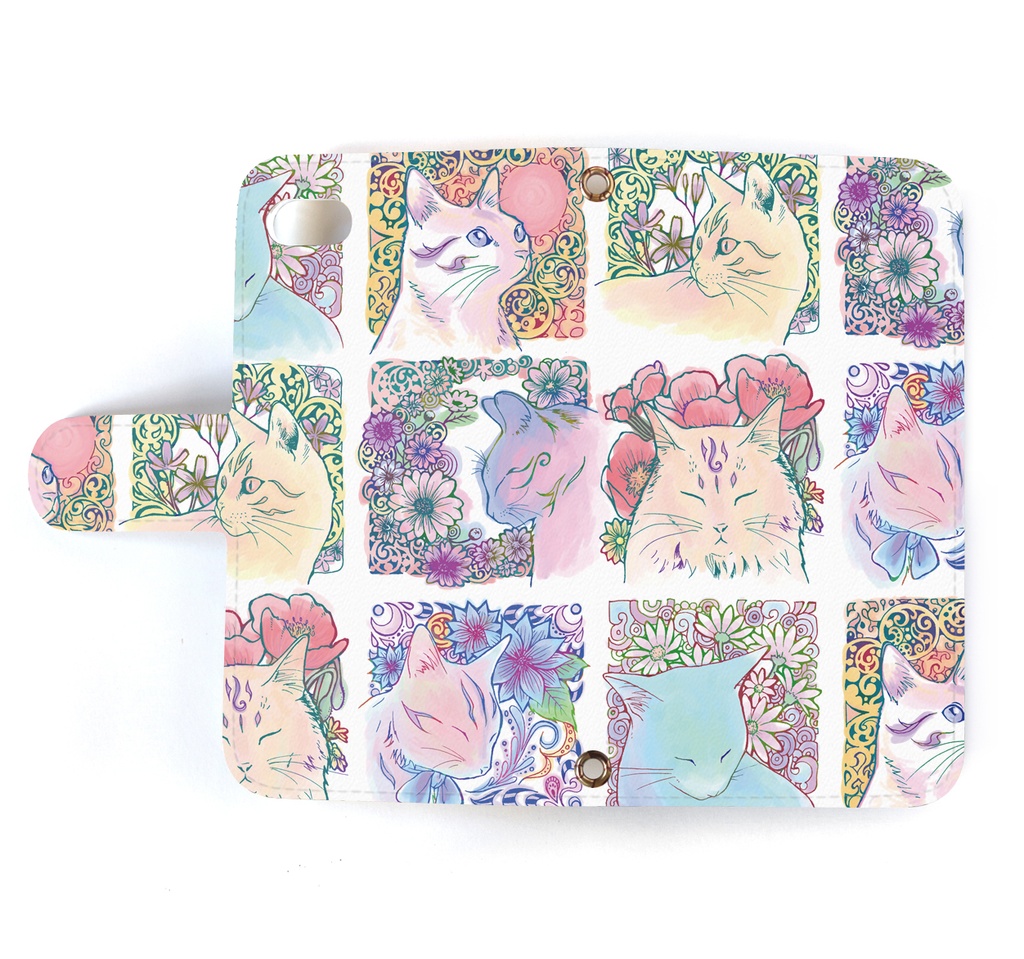 【送料無料】淡い花猫 手帳型スマホケース