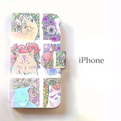 【送料無料】淡い花猫 手帳型iPhoneケース
