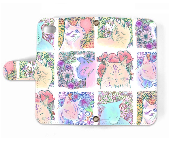 【送料無料】淡い花猫 手帳型iPhoneケース