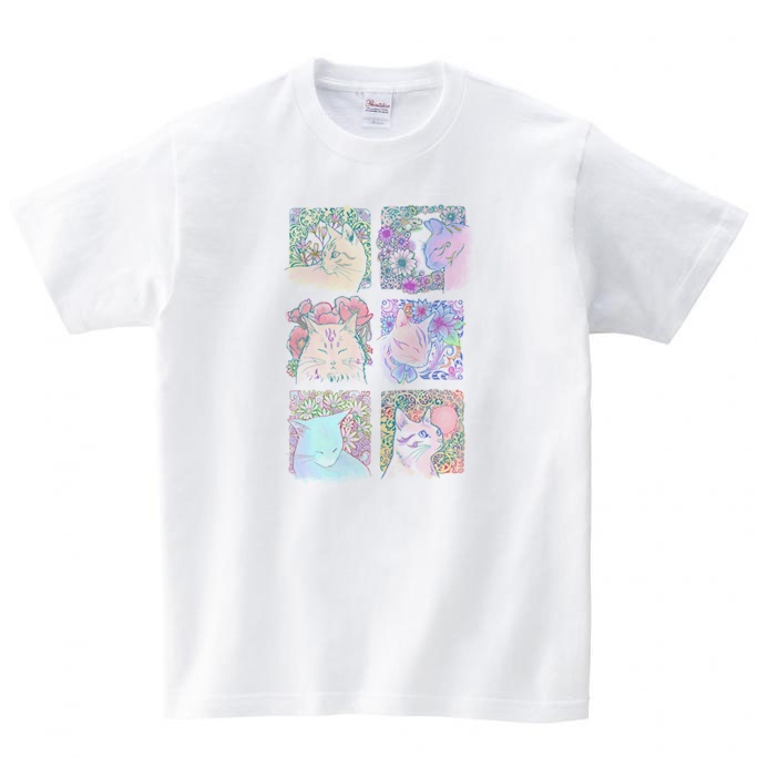 【送料無料】メンズ・レディースサイズ有★淡い花猫 Tシャツ
