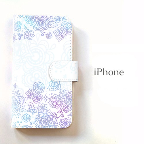 【送料無料】ゼンタングルフラワー紅碧 手帳型iPhoneケース