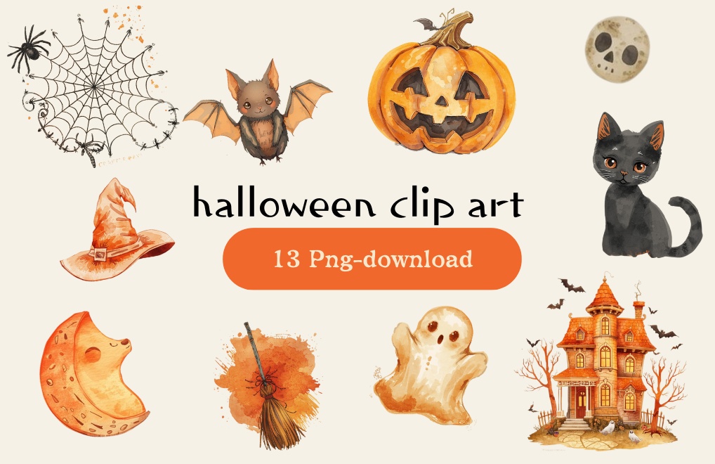 水彩風アンティークオレンジの可愛いハロウィンクリップアートセット【PNG背景透過素材】
