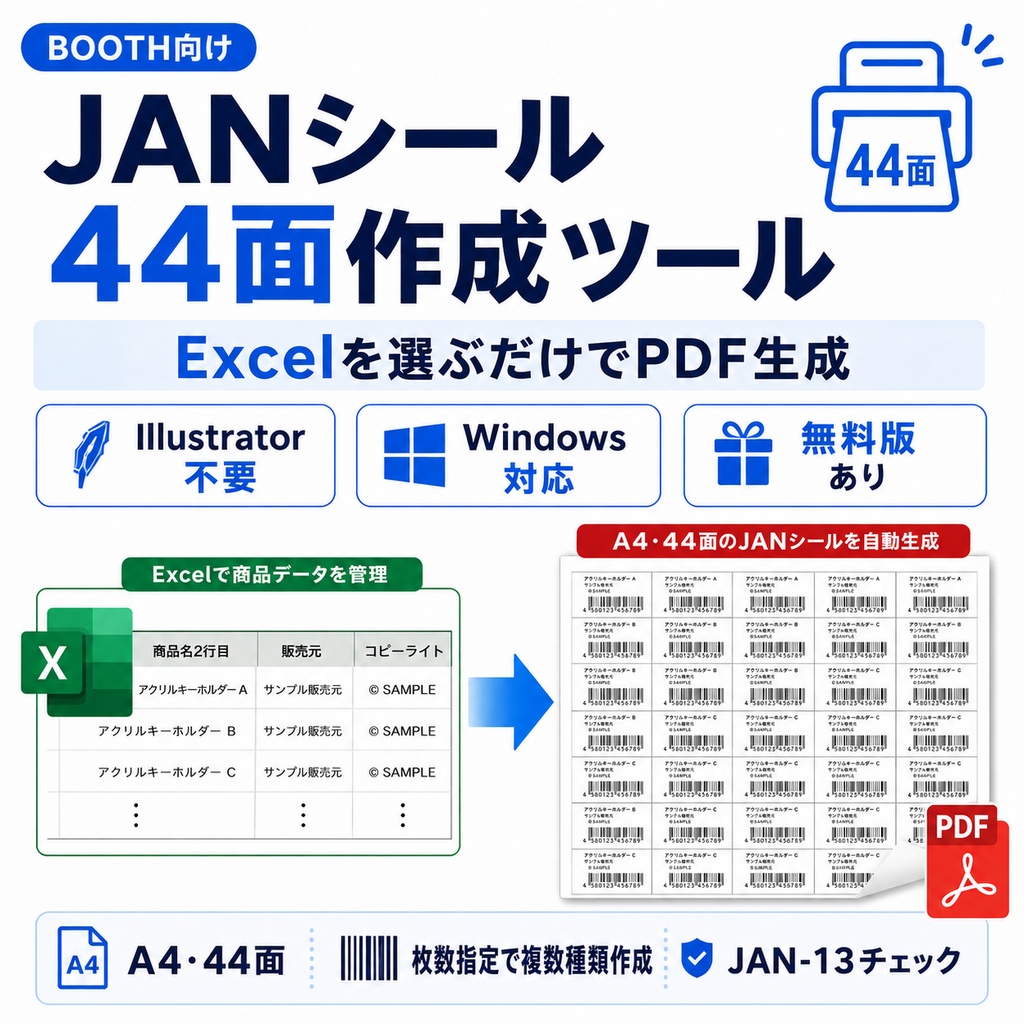 【有料版】JANシール44面作成ツール｜Excelから自動でPDF生成｜Windows対応