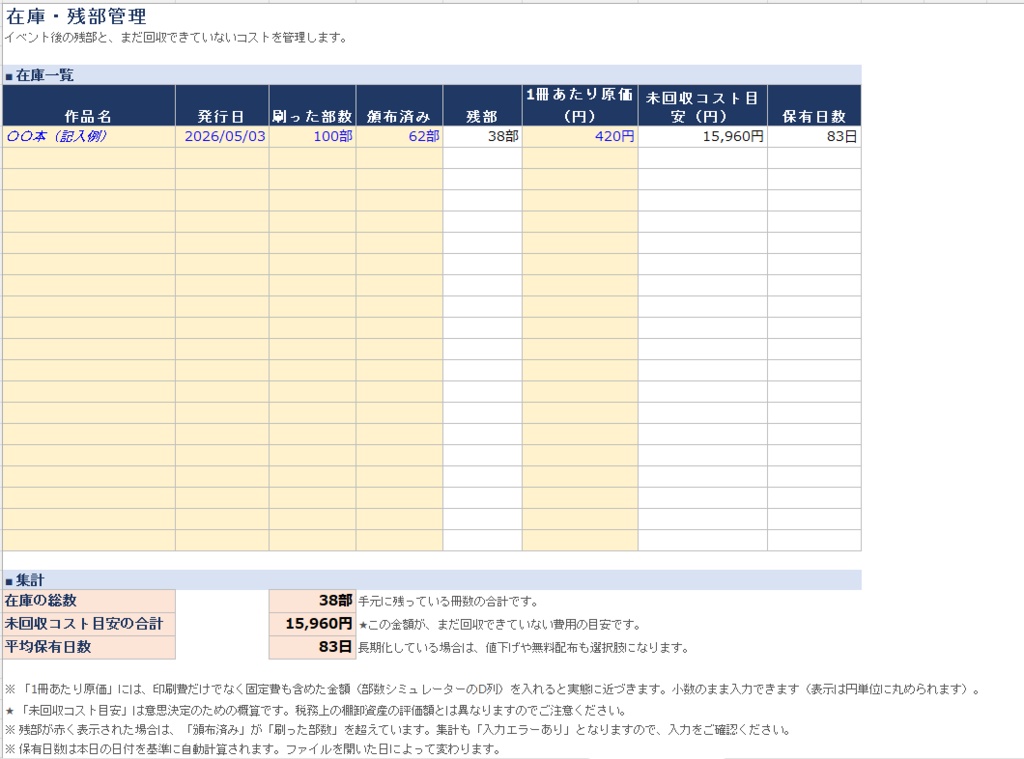 【同人イベント】刷りすぎ防止シート|損益分岐・在庫リスクを自動計算 【サークル参加者向け】原価計算+部数シミュレーター|半分売れても赤字にならない部数が分かる