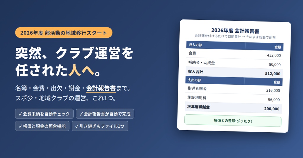 「部活動の地域移行、運営はこれ1つで。地域クラブ・スポ少の運営セット(名簿・会費・出欠・謝金・会計報告書)」