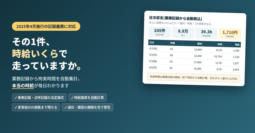 軽貨物ドライバー収支シート(業務記録・点呼記録の法定様式+時給換算+家事按分+確定申告用集計)2025年4月施行の記録義務対応