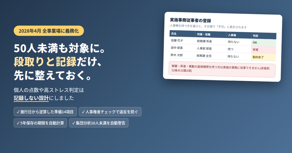 ストレスチェック管理キット(50人未満の義務化対応)準備スケジュール・実施体制・5年保存の期限管理/個人の点数は記録しない設計