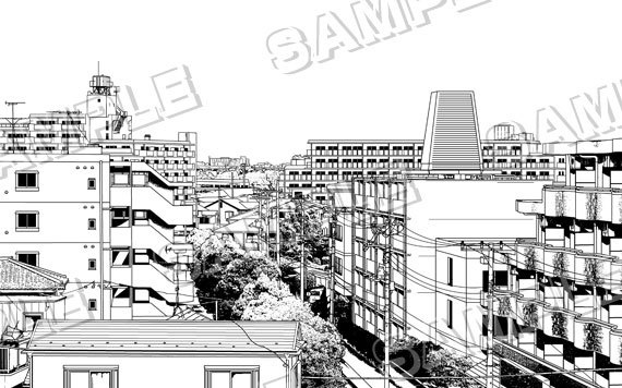 マンガ背景素材(日本の街並み 都会 マンション 風景)