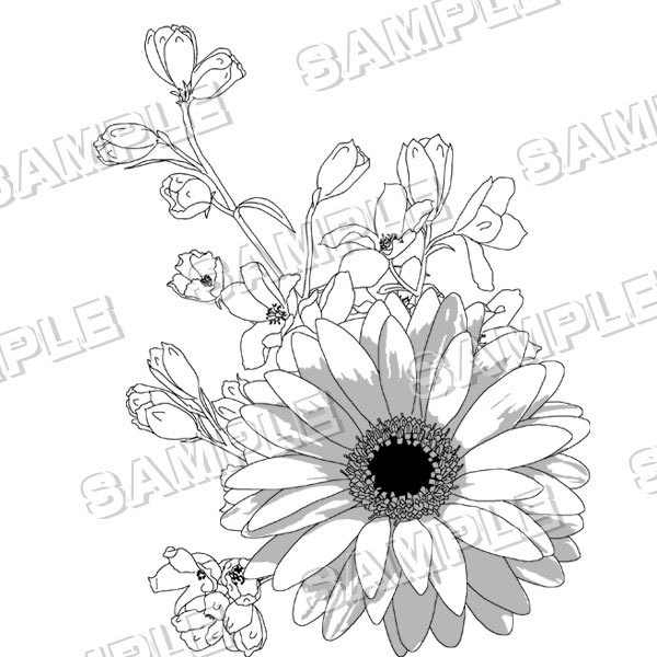 マンガ素材(花 フラワー アレンジ ガーベラ アルストメリア デルフィニューム 金魚草 花束 アレンジメント ガーデン 背景)