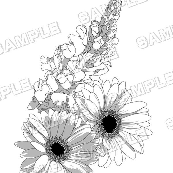 マンガ素材(花 フラワー アレンジ ガーベラ アルストメリア デルフィニューム 金魚草 花束 アレンジメント ガーデン 背景)