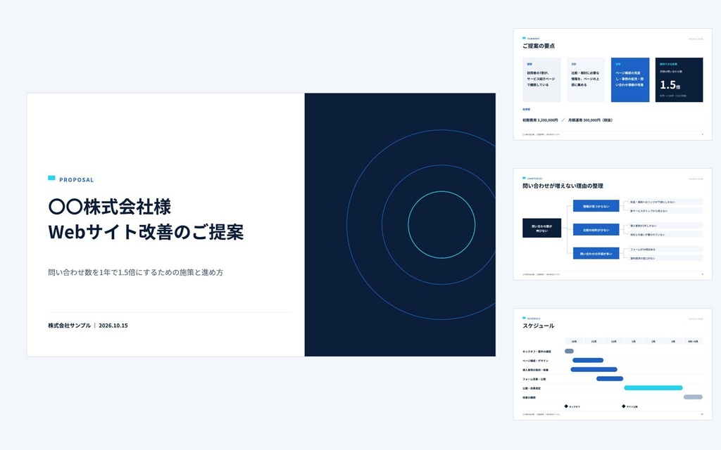 提案書テンプレート｜Navy Standard（PowerPoint・Googleスライド／31枚・配色3種）