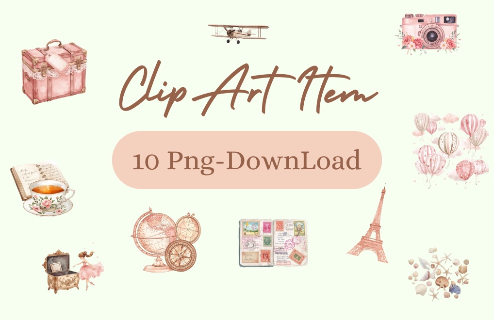 [ピンク旅行シリーズ]アンティークピンクのロマンティック水彩画クリップアート10点セット
