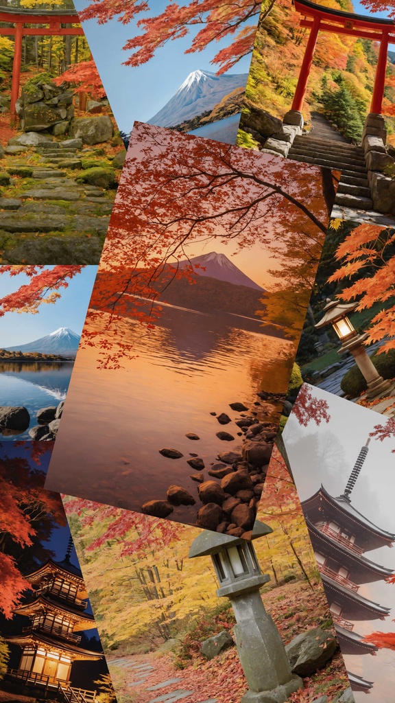 秋の日本風景をテーマにした、4K縦壁紙（2160×3840）の画像セット