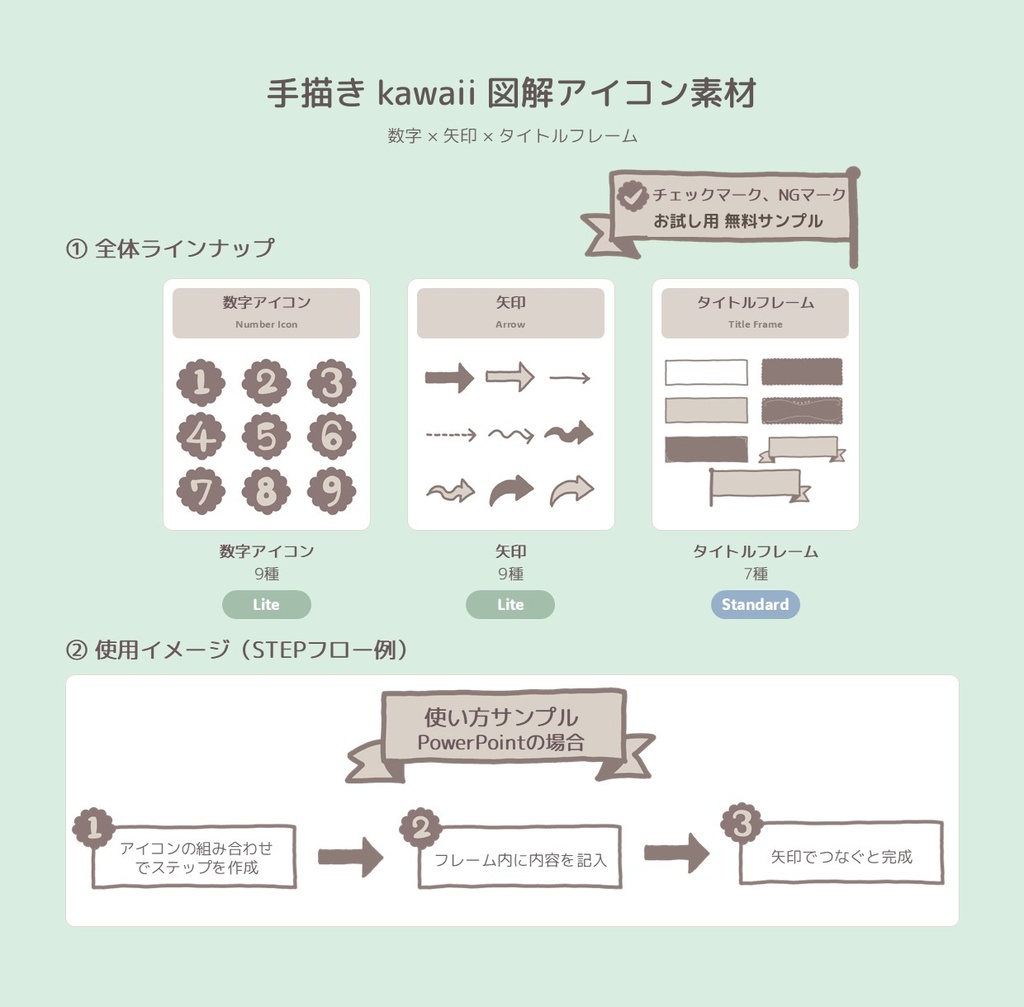 【手描きkawaii】図解アイコン素材｜数字・矢印・タイトルフレーム 透過PNG