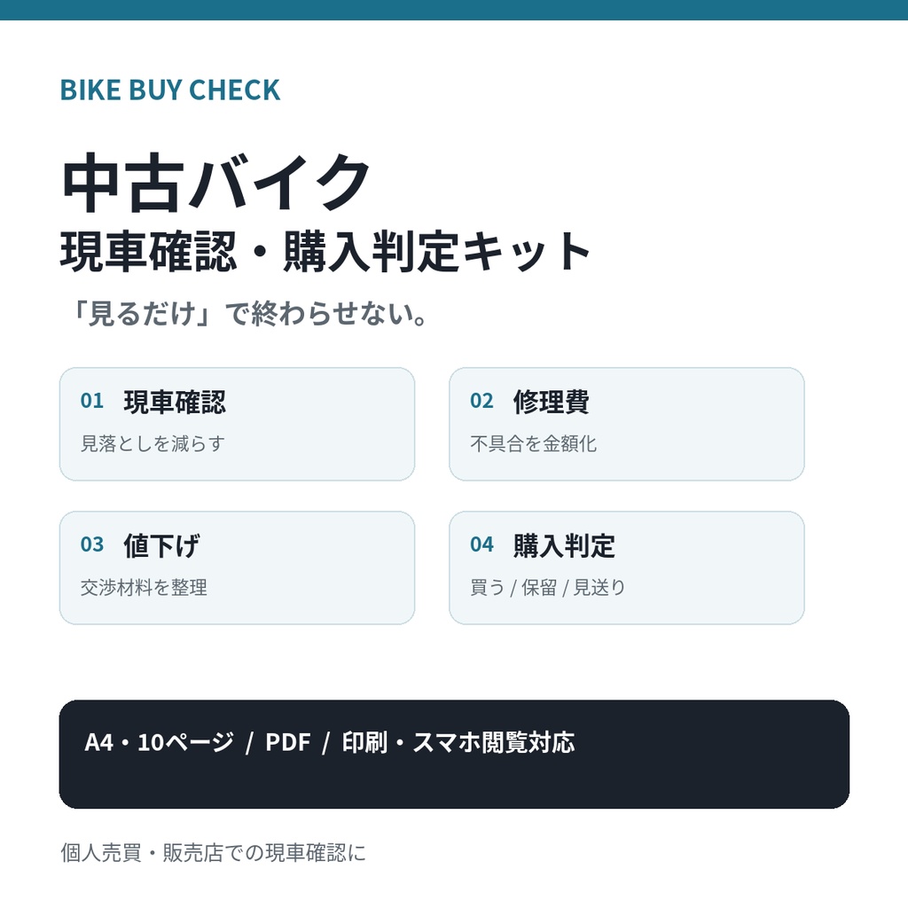 【PDF・10ページ】中古バイク 現車確認・購入判定キット｜個人売買・店頭対応
