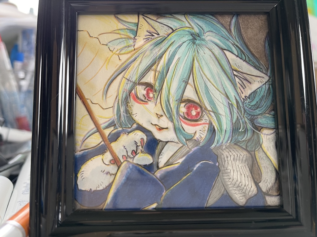 『ちょうちんとおばけ猫ちゃん』オリジナルイラスト原画 フォトフレーム入り