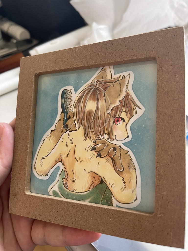 『ブラッシング』狐の女の子 イラスト フォトフレーム入り