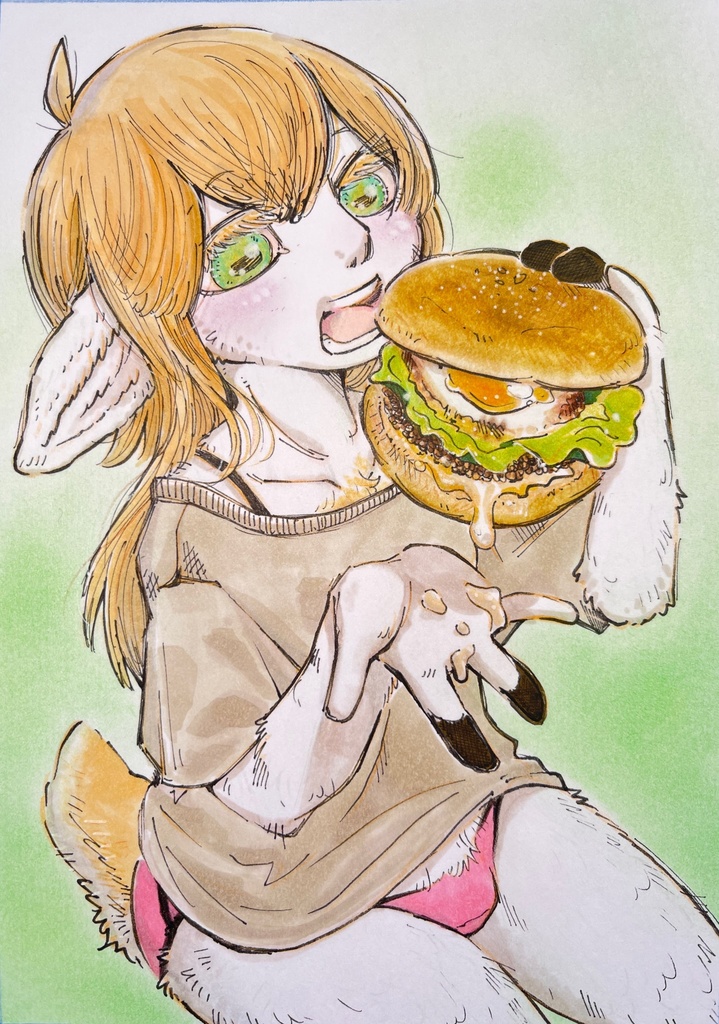 『hamburger』 フォトフレーム入り原画 ひつじの女の子 ケモノ