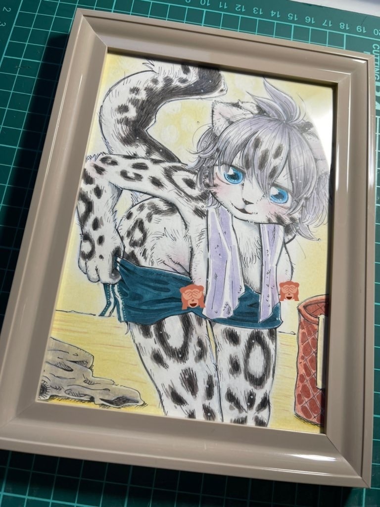 『お風呂あがり』 フォトフレーム入り原画 ケモノ ユキヒョウの女の子