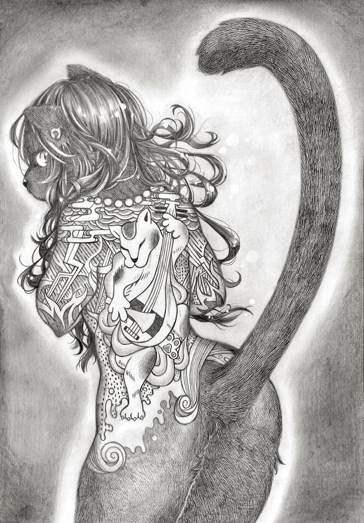 『嵐と猫琵琶法師の刺青』黒豹の女の子 ケモノ イラスト原画