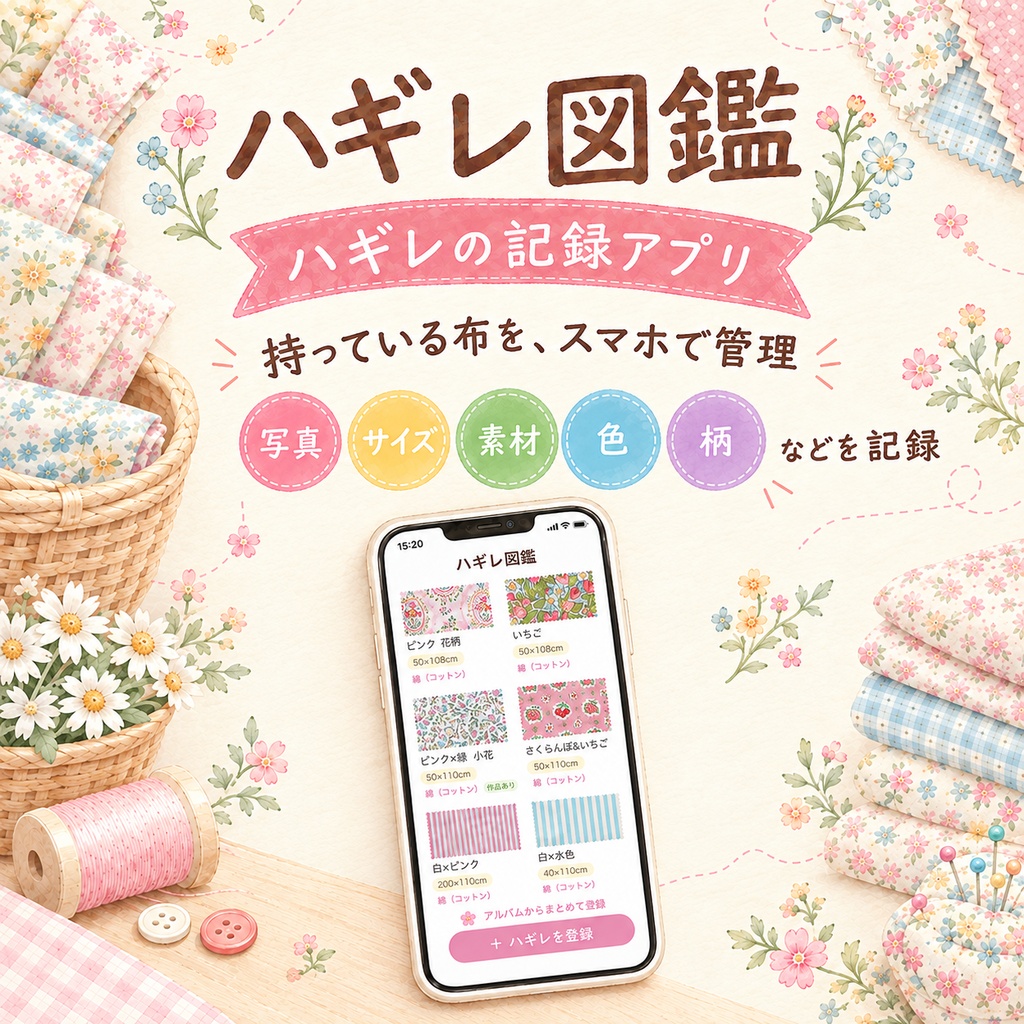 ハギレ図鑑|ハギレ・生地の在庫管理|写真でぜんぶわかる【iPhone・Android・パソコン対応】