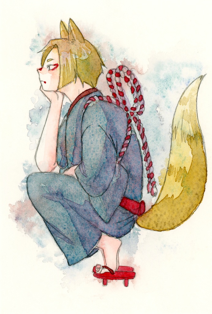 ハガキサイズ原画　お狐さま「たいくつ」