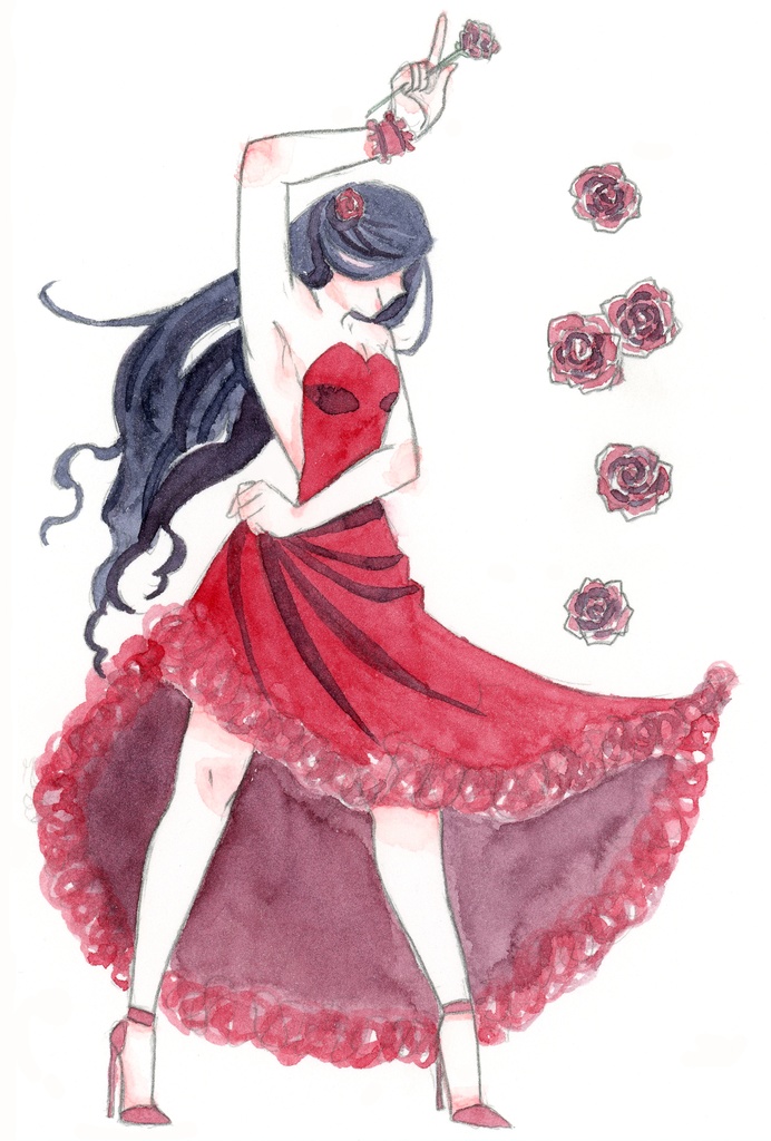 ハガキサイズ原画「赤いドレス③」