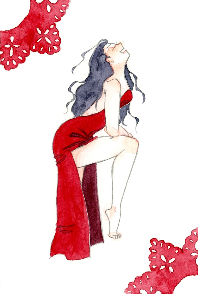 ハガキサイズ原画「赤いドレス④」