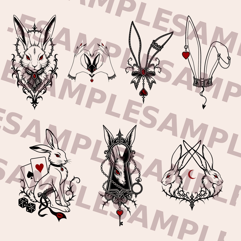 【VRC向け/4K PNG】Gothic Bunny Tattoo Pack|11種+無料2種