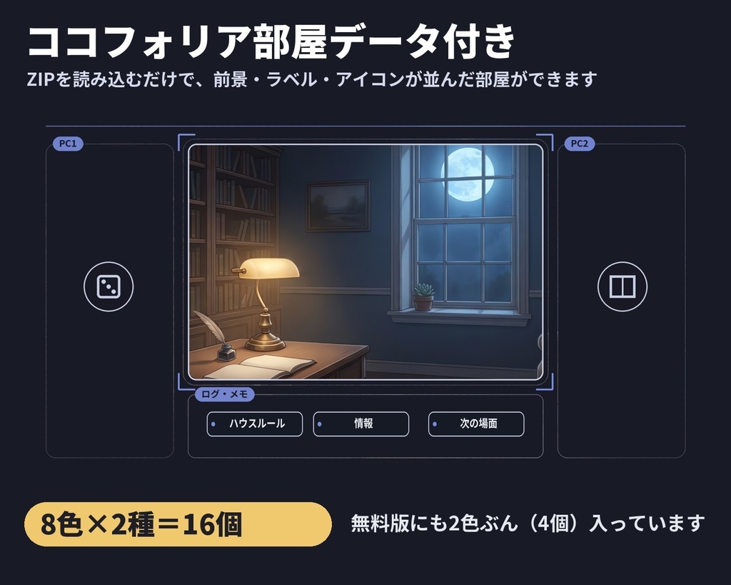 【無料2色あり・部屋データ付き】日本語ラベルのシンプル部屋素材|ココフォリア用(前景・ラベル・アイコン)全8色