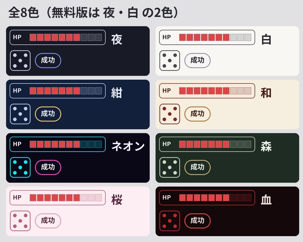 【無料2色あり】TRPG進行用パーツ素材|HP・MP・SPゲージ/ダイス/判定の札/ラウンド(ココフォリア用・全8色)