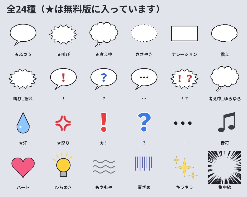 【無料6種あり】動く吹き出し・漫符24種|ぽんと出る吹き出し+ゆれる汗・怒り・!?(ココフォリア・配信用APNG)