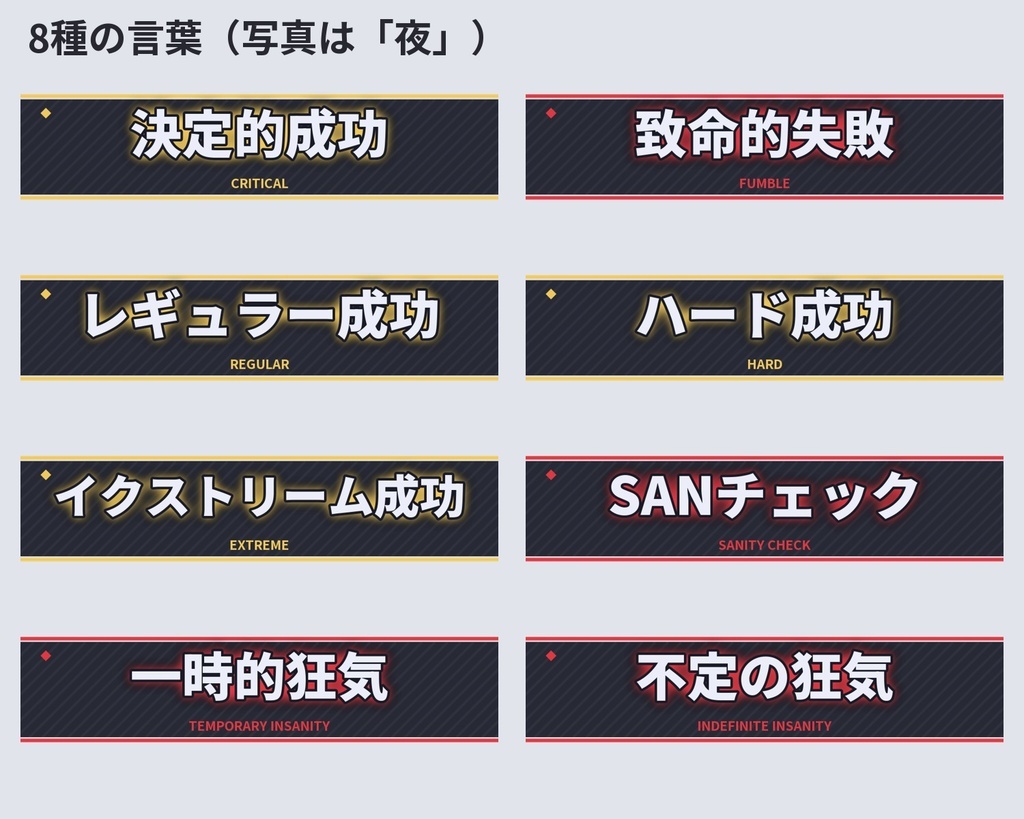 【無料】CoC用語の動くカットイン64点|SANチェック・決定的成功・致命的失敗・イクストリーム成功(クトゥルフ神話TRPG二次創作)
