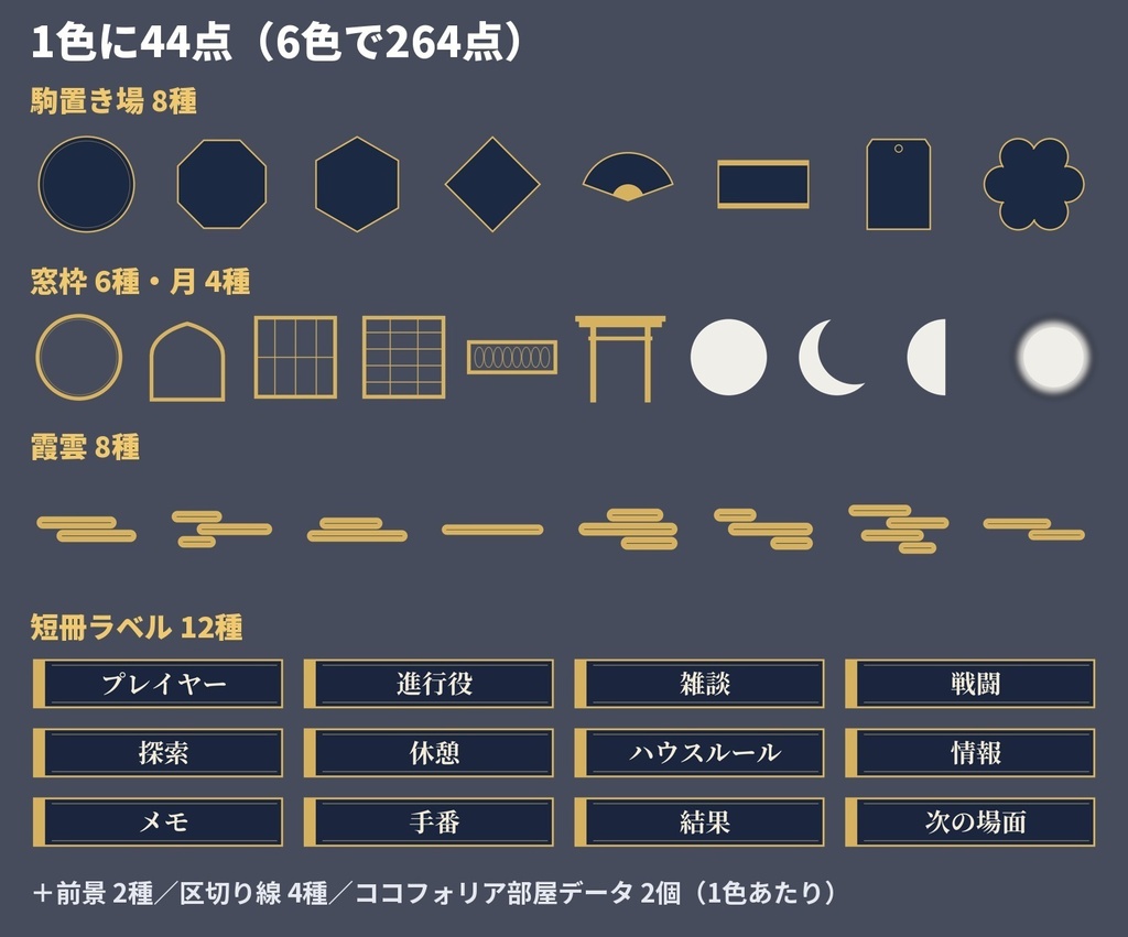 【無料版あり・部屋データ付き】和風お部屋素材|前景・駒置き場・霞雲・月・窓枠・短冊(ココフォリア・TRPG・全6色)