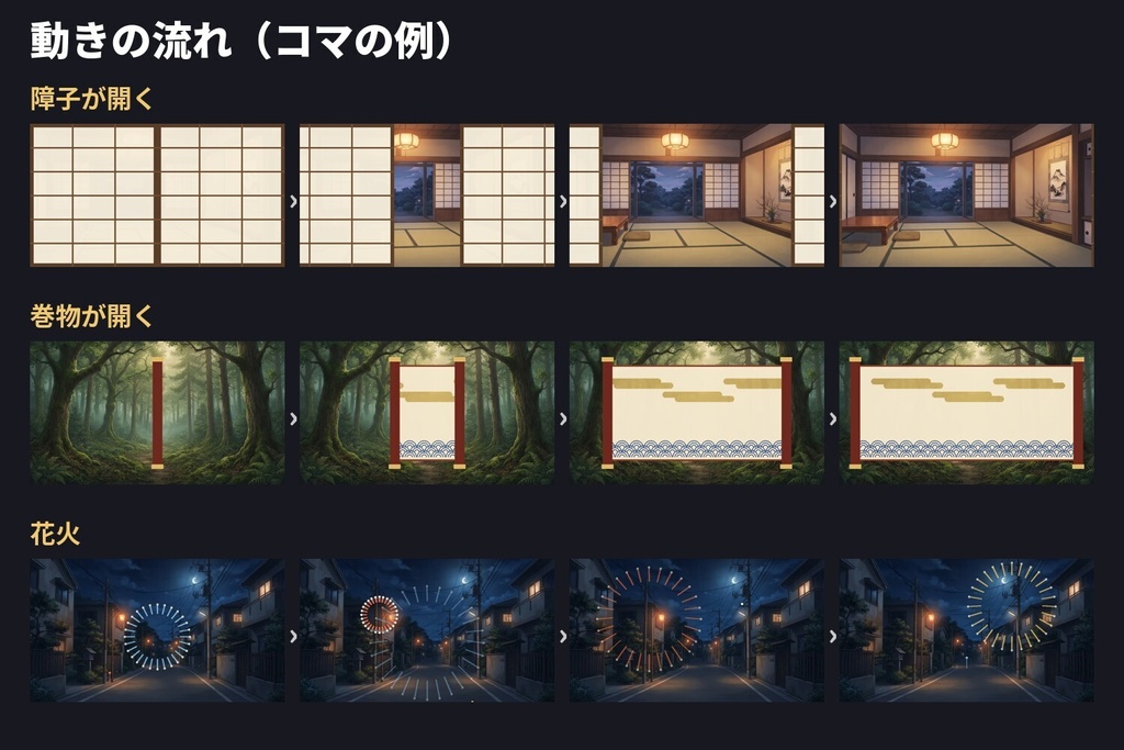 【無料6種あり】動く和風演出素材24種|提灯・狐火・障子・金魚・花火・巻物(ココフォリア・配信用APNG+WebP)
