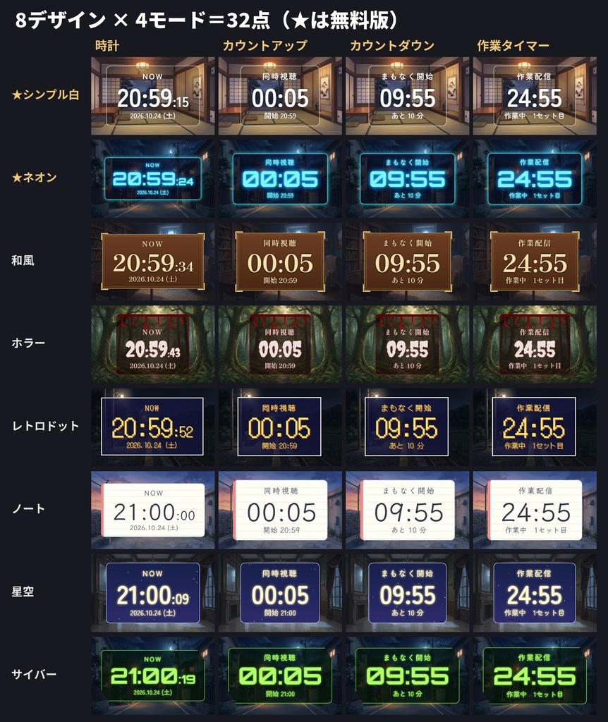 【OBS】動く時計とタイマー 8デザイン×4モード/同時視聴・作業配信・カウントダウン【無料版あり】