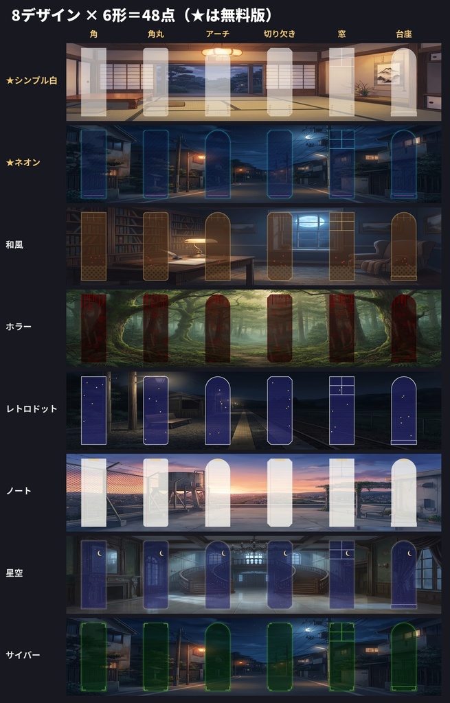 【無料版あり】コマ置き場48点|和風・ホラー・星空・ネオンなど8デザイン×6形|ココフォリア・TRPG素材